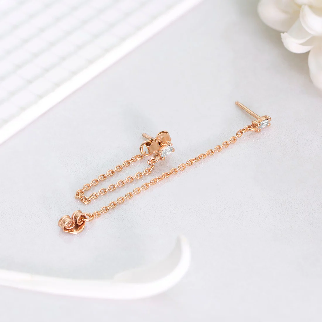 Hanging Chain CZ Rose Gold Plated 925 Sterling Silver Earrings - Image 2