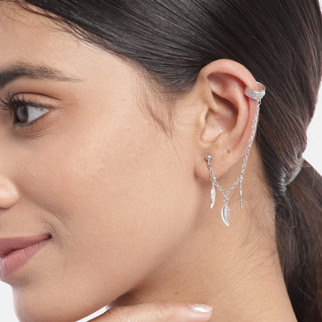 Hanging Leaf Rhodium Plated 925 Sterling Silver Earrings - Image 2