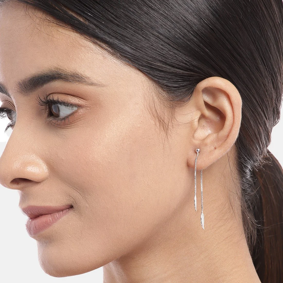 Hanging Leaf Rhodium Plated 925 Sterling Silver Studs - Image 2