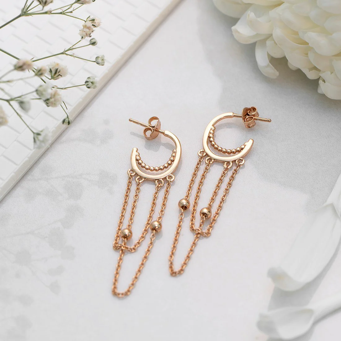 Hanging Rose Gold Plated 925 Sterling Silver Stud Earrings