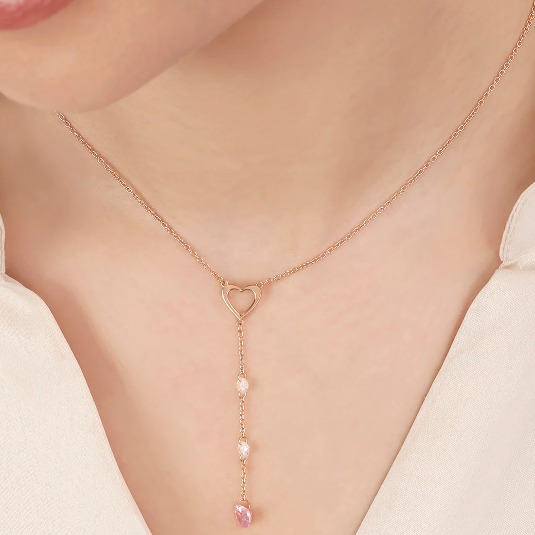 Heart Lariat Rose Gold Plated 925 Sterling Silver Necklace - Image 3