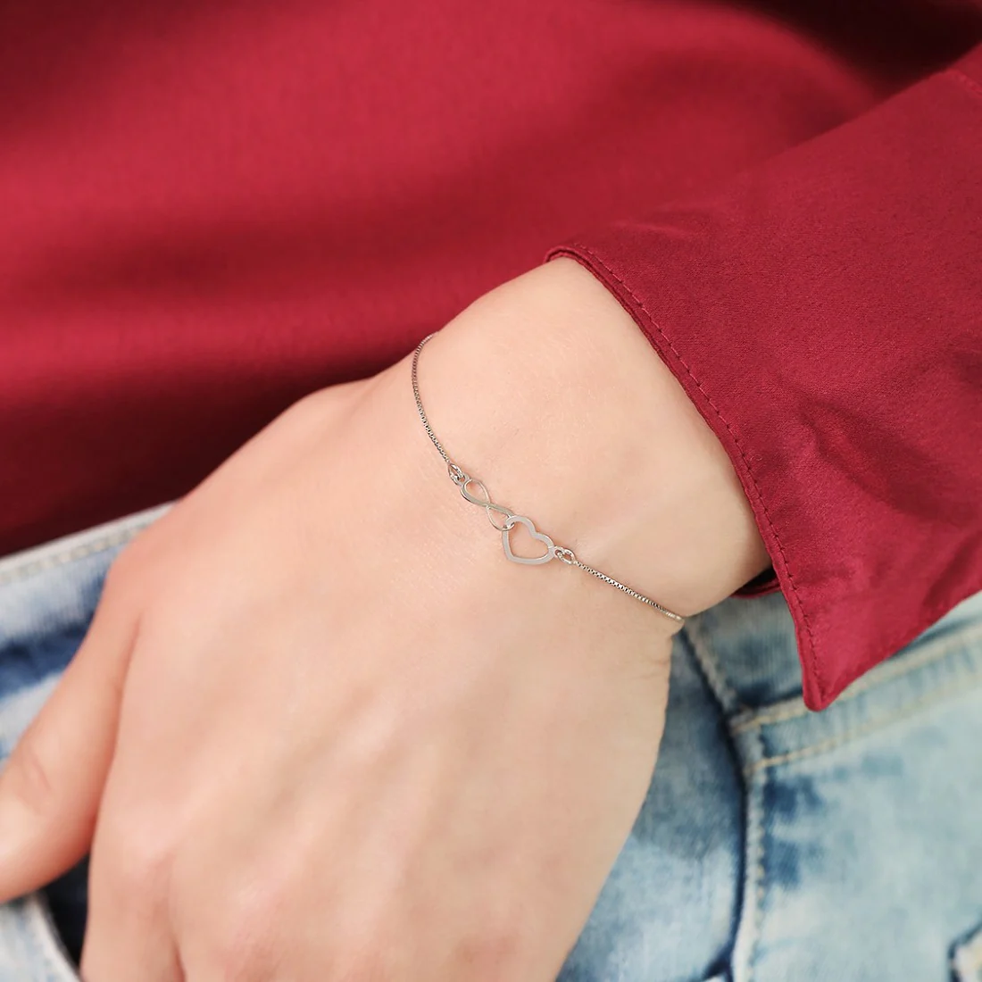 Heartfelt Infinity Rhodium-Plated Box Chain Adjustable Bracelet - Image 2