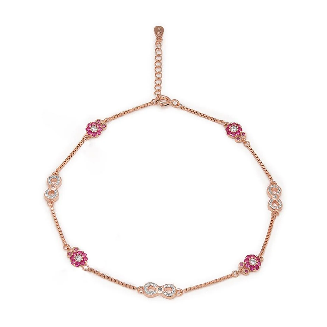 Infinity and Floral CZ Rose Gold Plated 925 Sterling Silver Anklet - Image 4