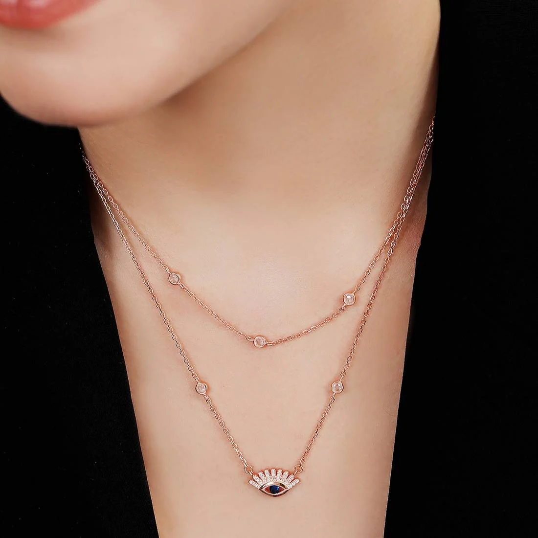 Layered Rose Gold plated CZ 925 Sterling Silver Evil Eye Necklace - Image 3