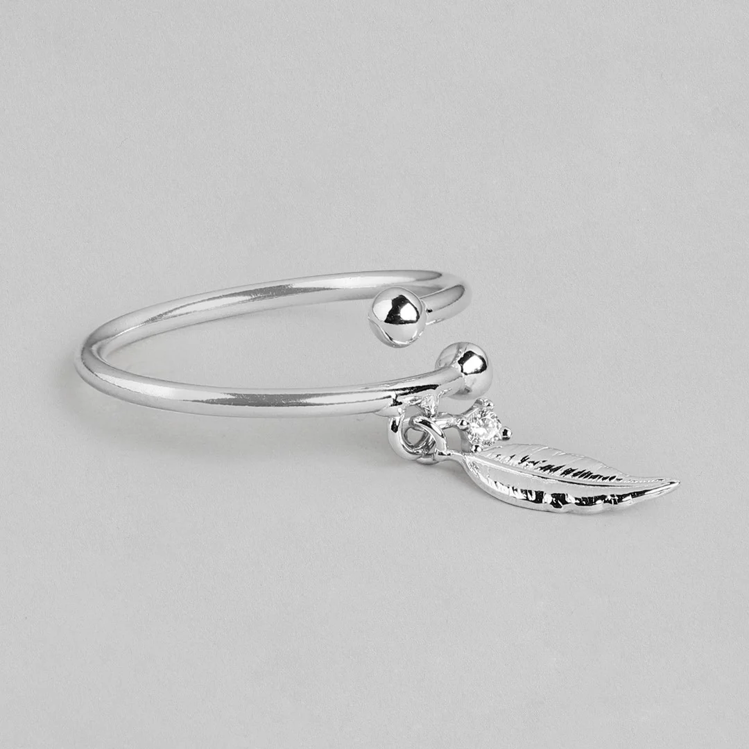 Leaf of Luxury: Rhodium Plated Adjustable 925 Sterling Silver Ring for Her (Adjustable) - Image 5