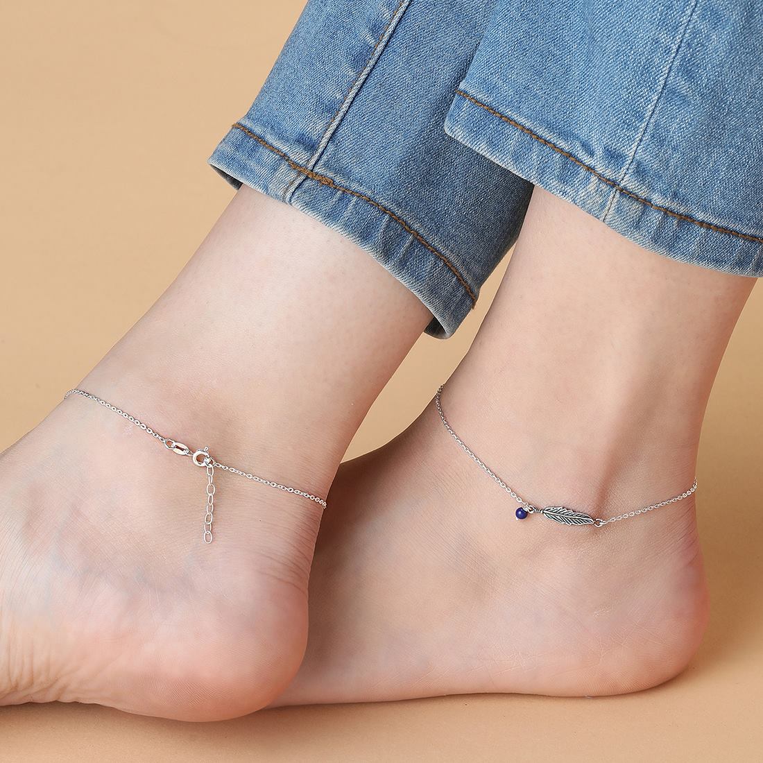 Leafy Delight-Bead Rhodium Plated 925 Sterling Silver Anklet with Leaf Pattern - Image 3