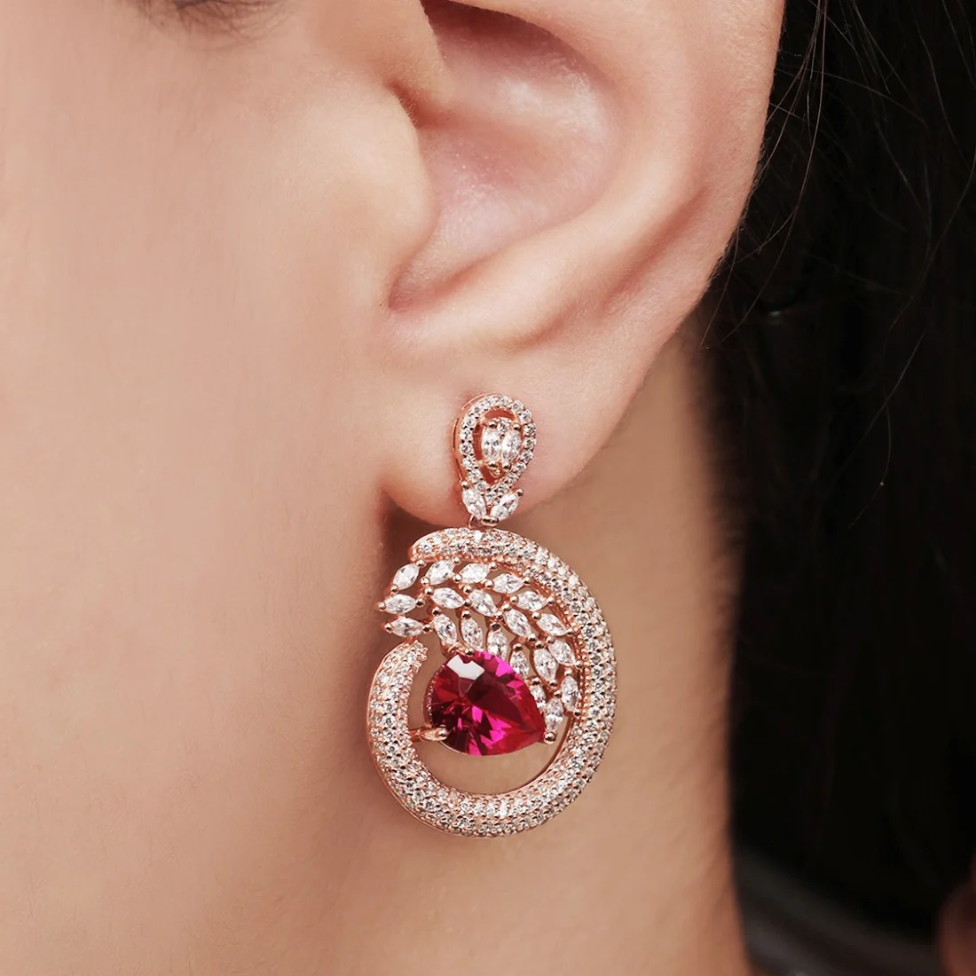 Leafy Elegance Coloured CZ 925 Sterling Silver Rose Gold-Plated Earring - Image 2