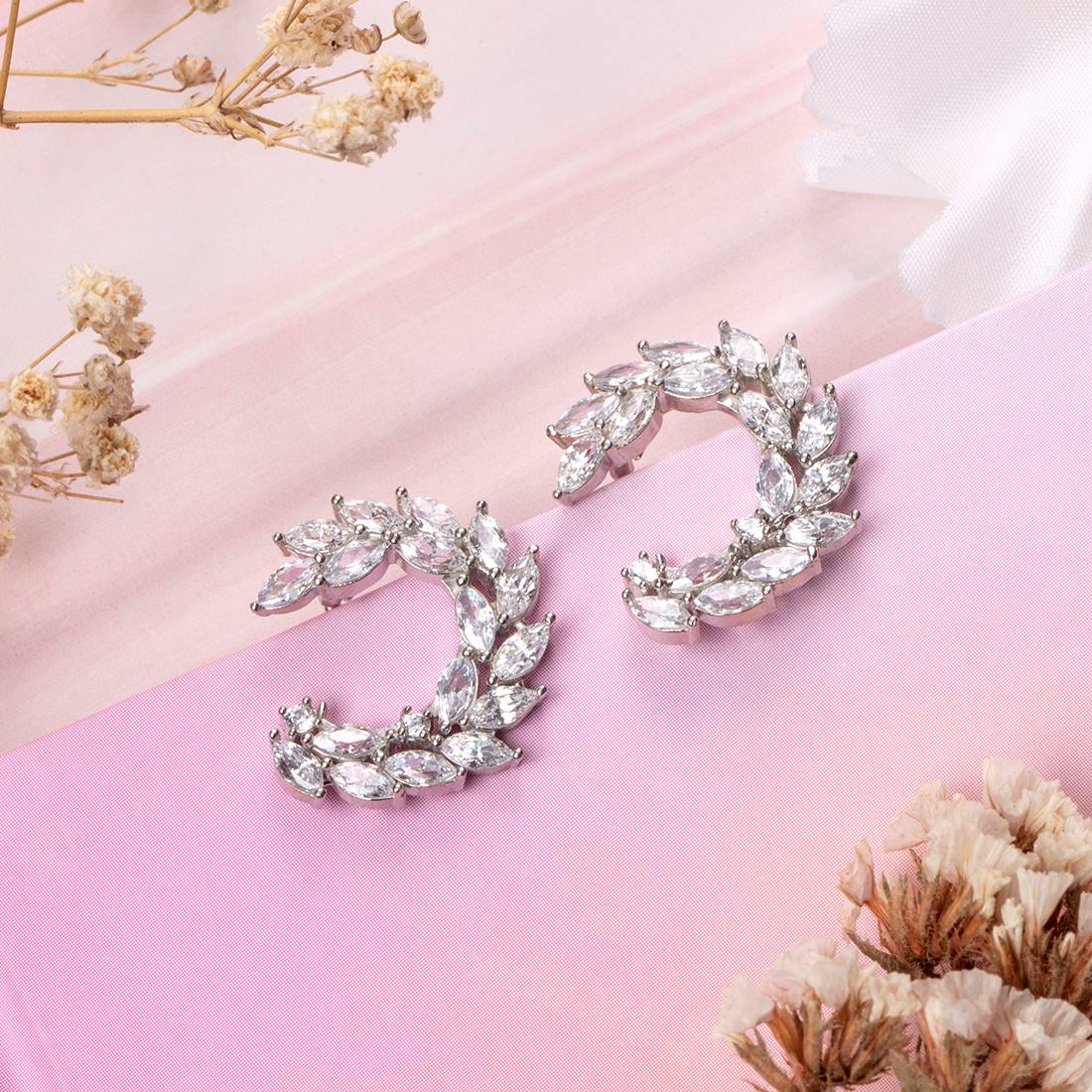 Leafy Luminance Rhodium Plated CZ 925 Sterling Silver Earrings