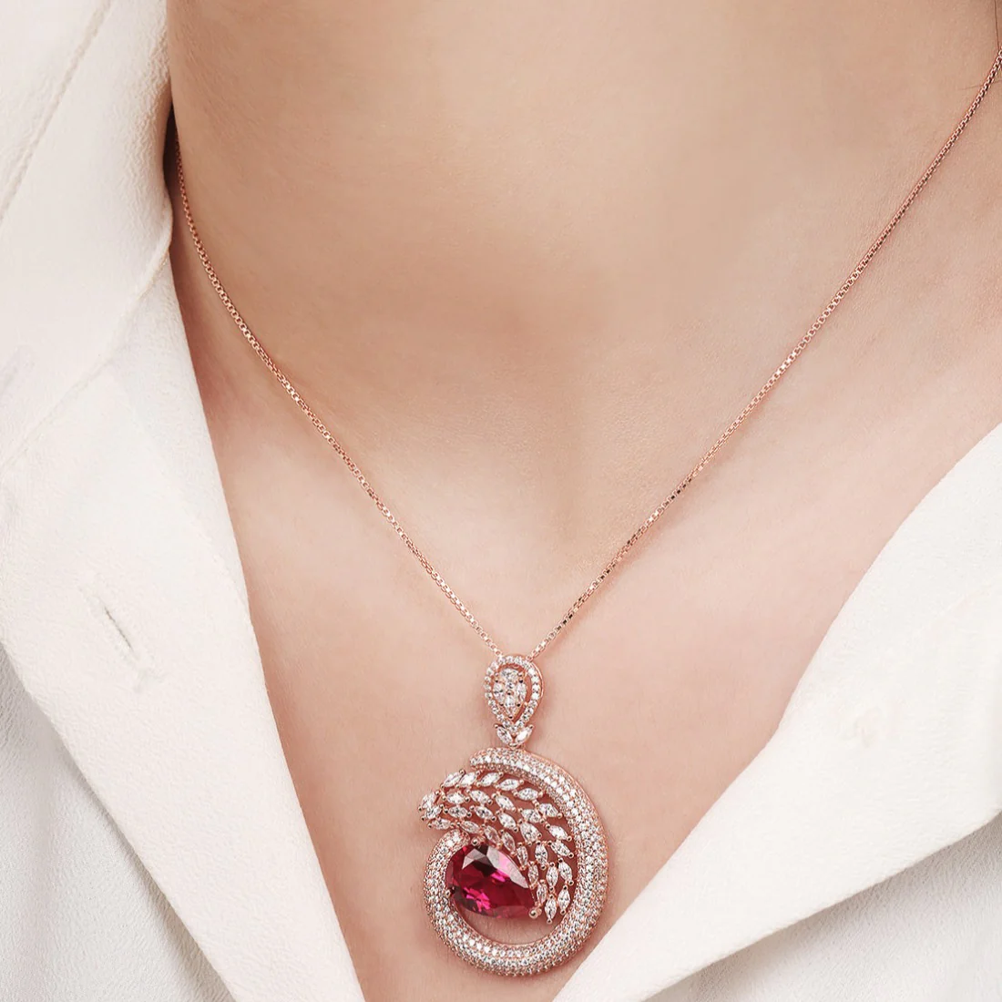 Leafy Luster Red CZ Rose Gold-Plated 925 Sterling Silver Pendant with Chain - Image 2