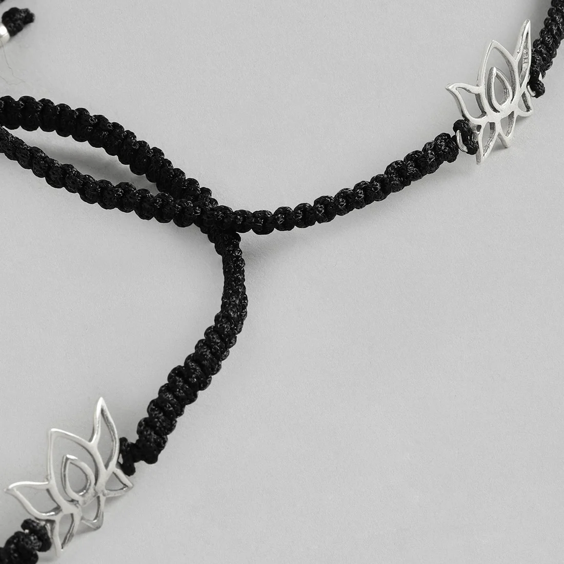 Simple Lotus Black Thread Silver Anklet - Image 6