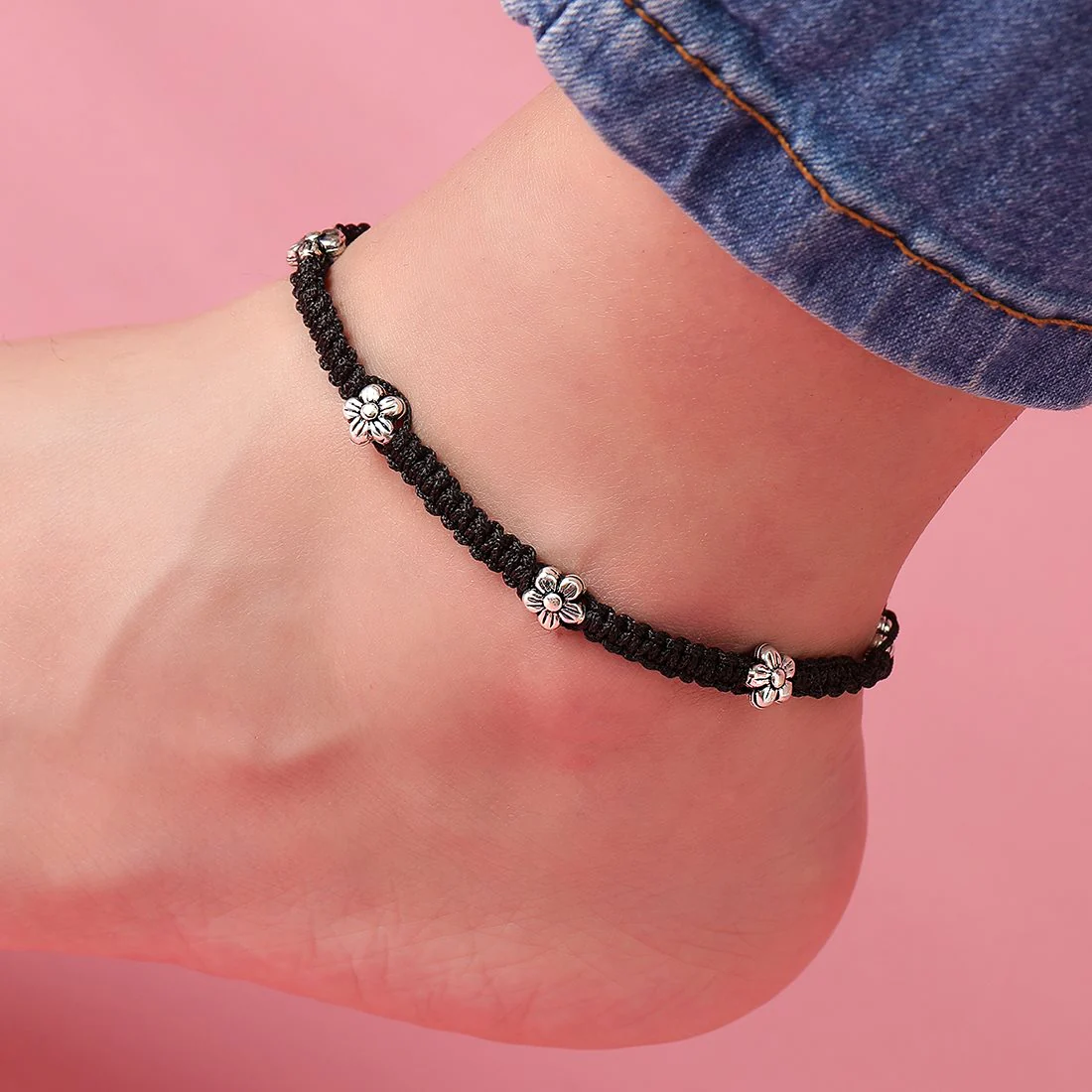 Midnight Bloom 925 Sterling Silver Flower Anklet - Image 2