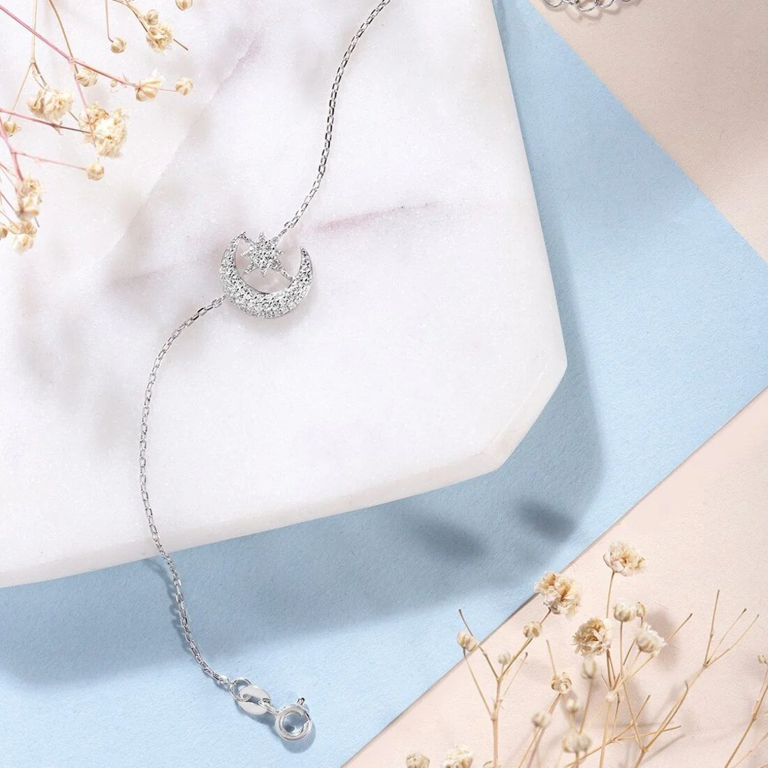 Romantic Moon and Star Cubic Zirconia 925 Silver Bracelet - Image 2