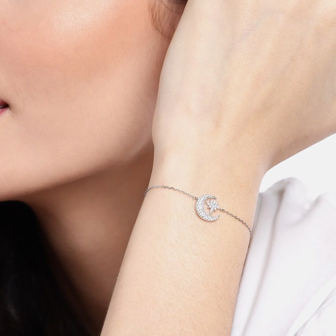 Romantic Moon and Star Cubic Zirconia 925 Silver Bracelet - Image 4
