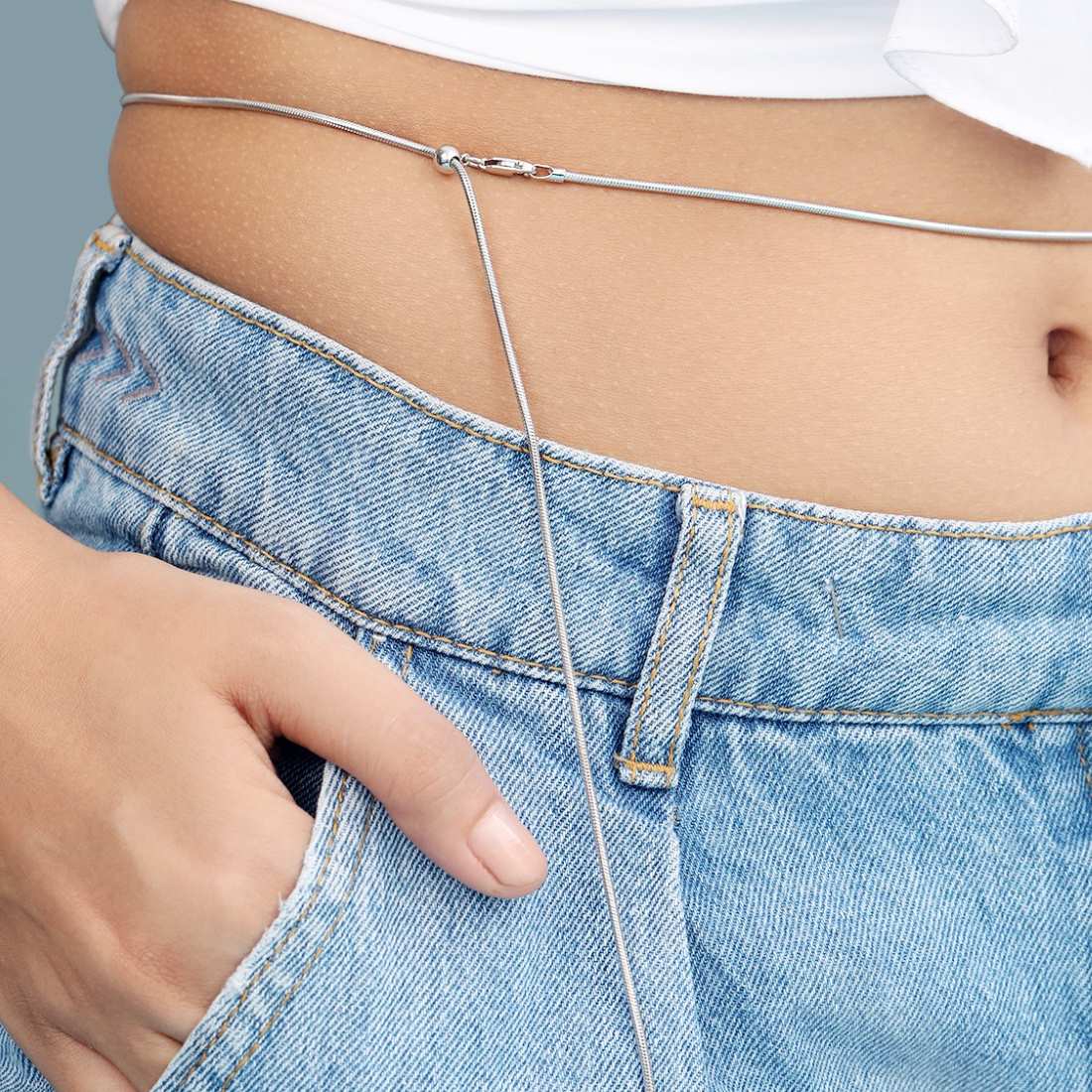Minimal Rhodium Plated 925 Sterling Silver Snake Chain Sliding Waist Chain - Image 2