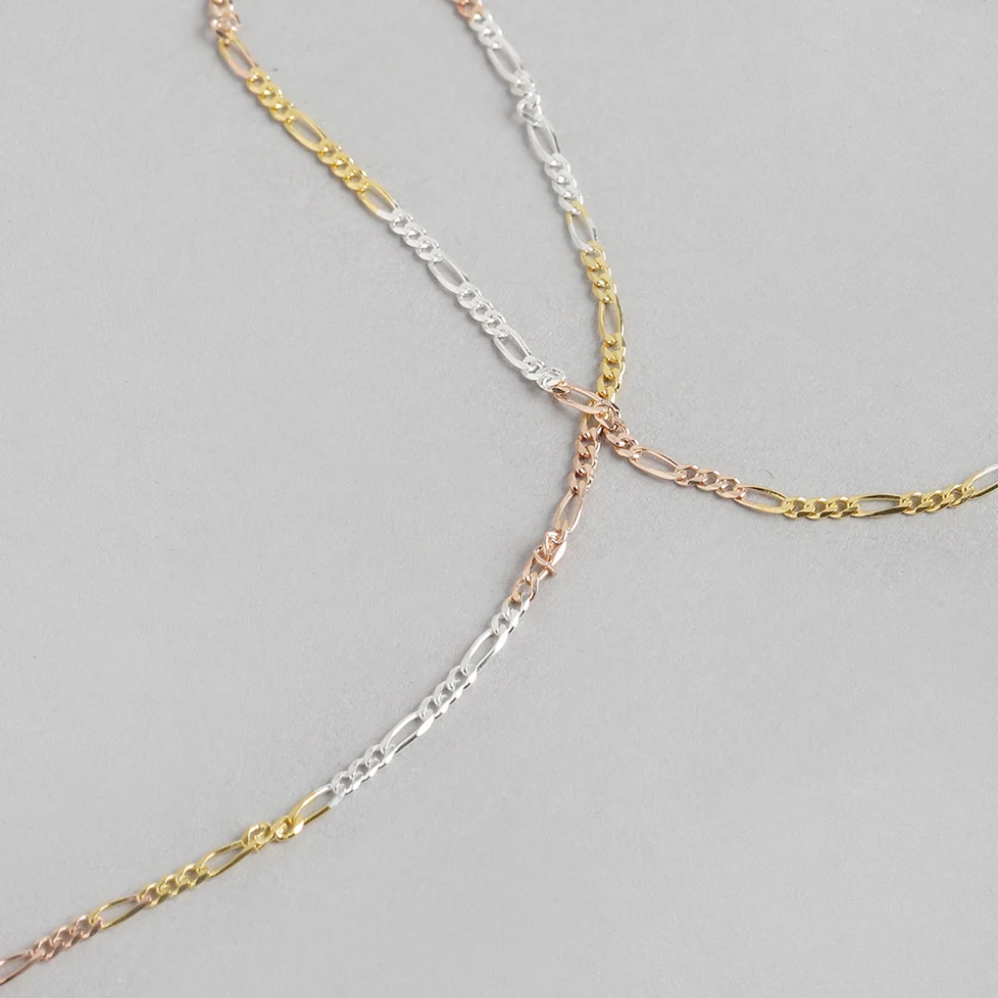 Minimal Triple Tone Figaro Chain 925 Sterling Silver Anklet - Image 6
