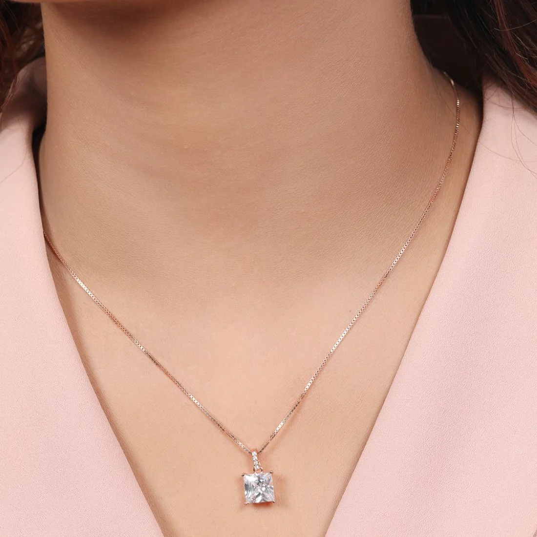Modern Elegance Rose Gold-Plated 925 Sterling Silver Square Pendant with Chain - Image 2