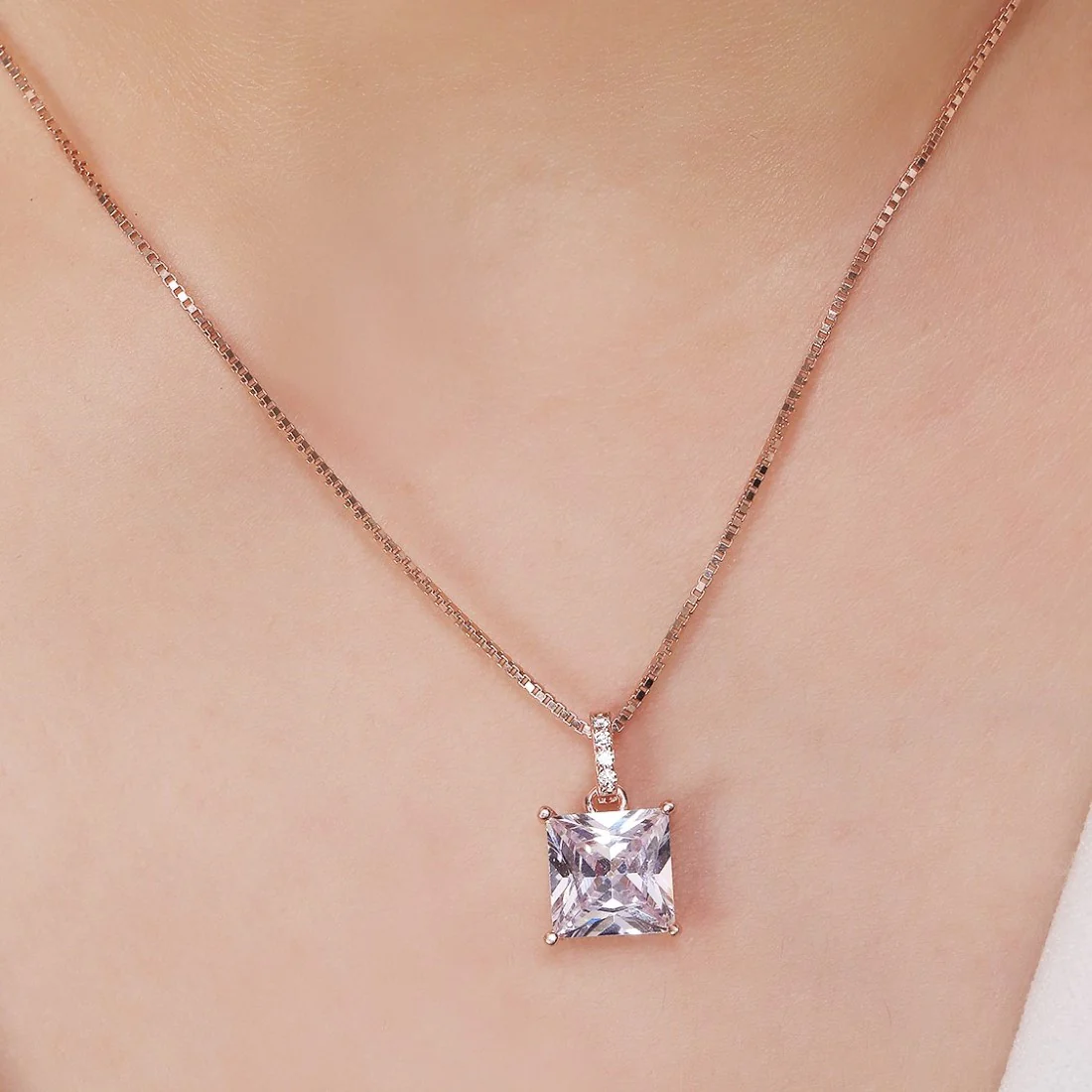 Modern Elegance Rose Gold-Plated 925 Sterling Silver Square Pendant with Chain - Image 5