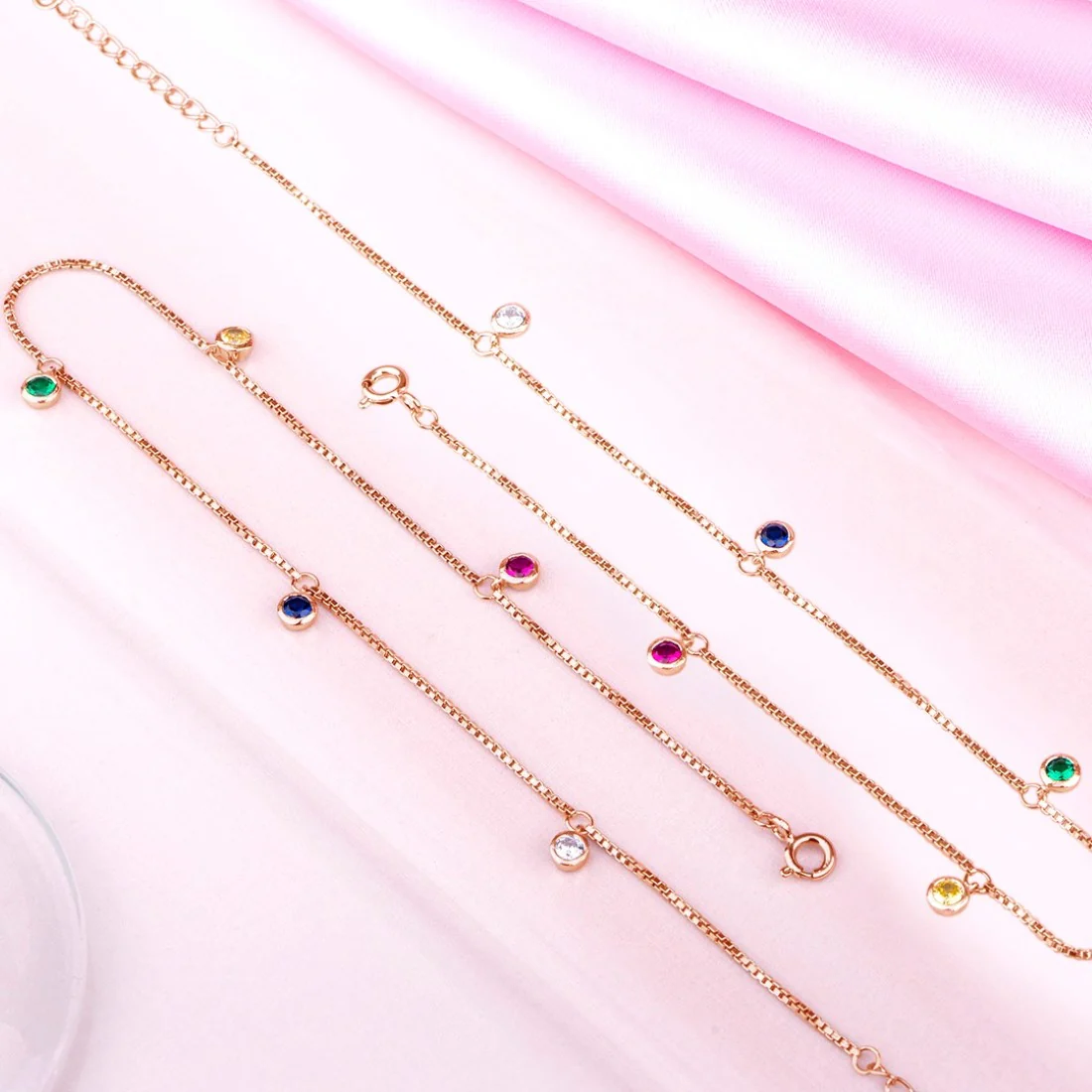 Multi-Colour Charms Rose-Gold Plated 925 Sterling Silver Chain Anklet - Image 3