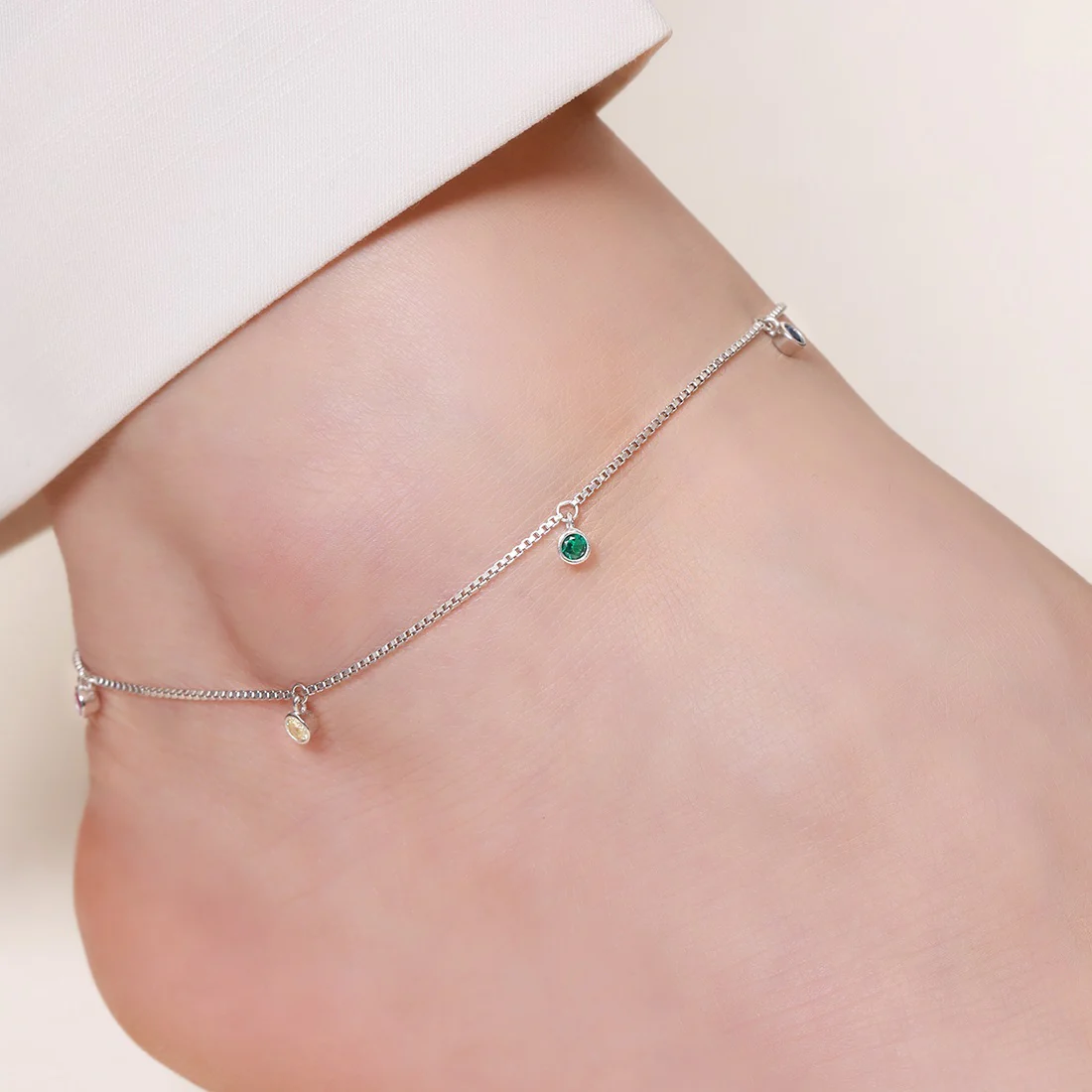 Multi Colour Drops Rhodium Plated 925 Sterling Silver Anklet - Image 3