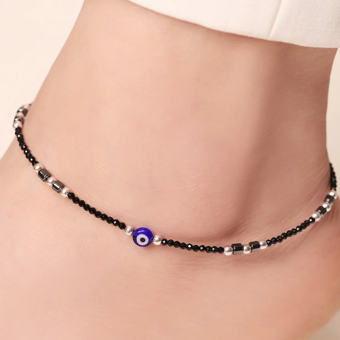 Nightshade Guardian 925 Sterling Silver Rhodium-Plated Evil Eye Anklet - Image 2