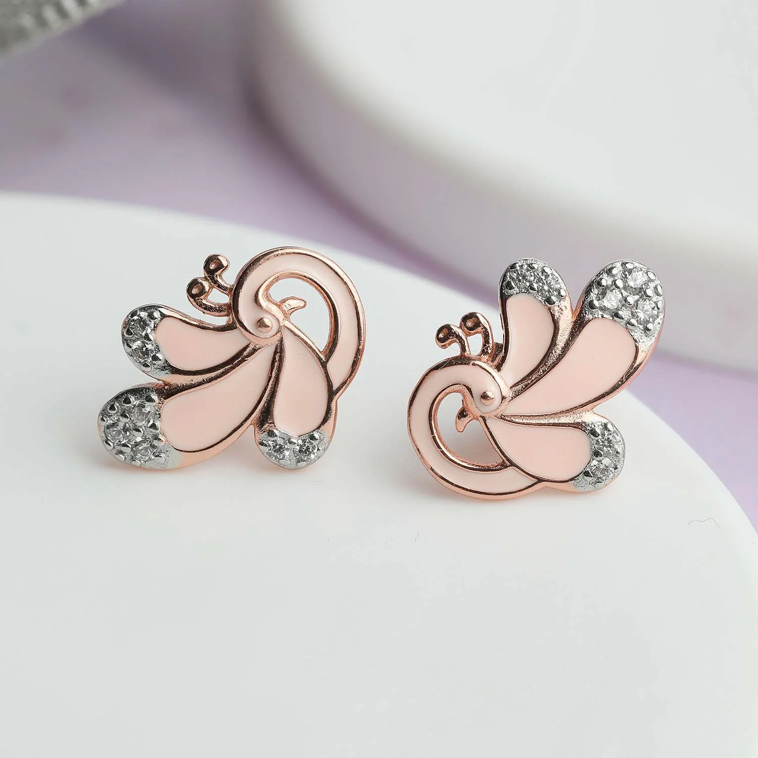 Precious Pink Peacock 925 Silver Stud Earrings