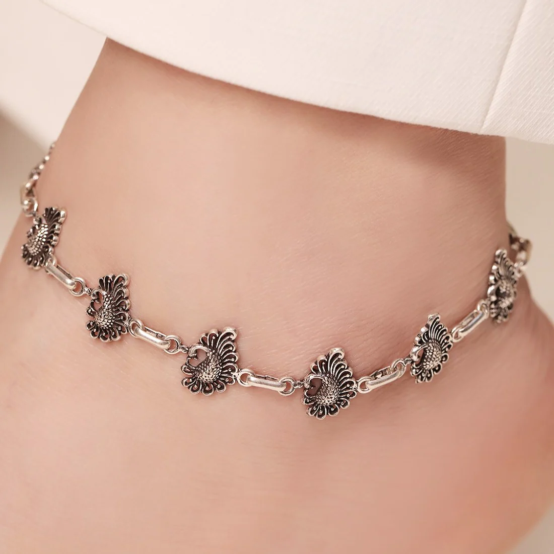 Peacock Plumage Radiance Rhodium-Plated 925 Sterling Silver Anklet - Image 2