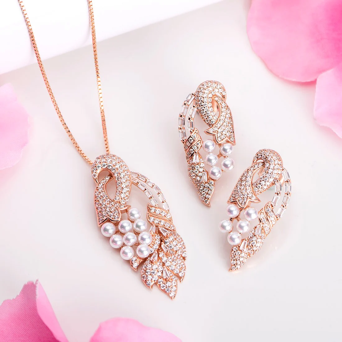 Peacock Splendor Elegance Rose Gold-Plated 925 Sterling Silver Jewelry Set