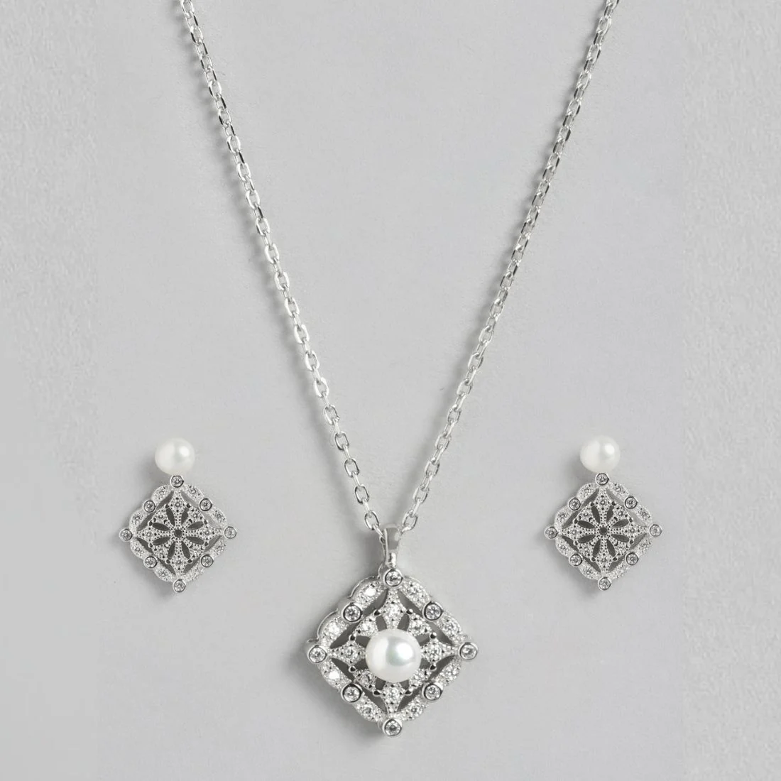 Pearl-CZ Blossom Harmony Rhodium-Plated 925 Sterling Silver Jewelry Set - Image 4