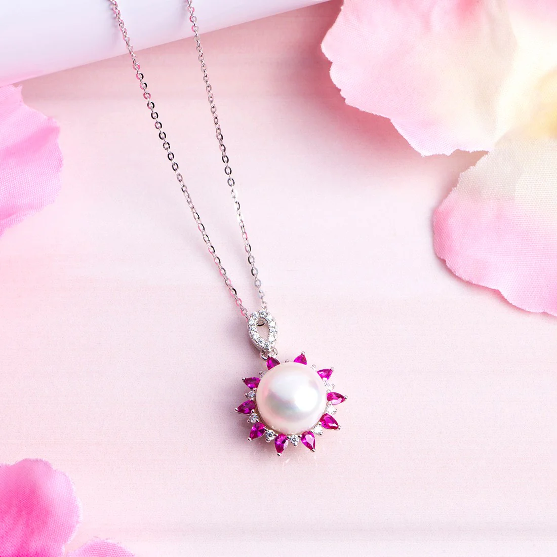 Pearl Blossom Radiance Rhodium-Plated 925 Sterling Silver Necklace - Image 2