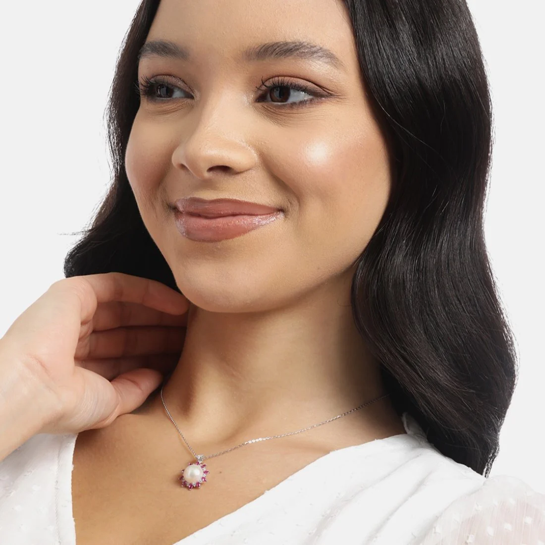 Pearl Blossom Radiance Rhodium-Plated 925 Sterling Silver Necklace - Image 4
