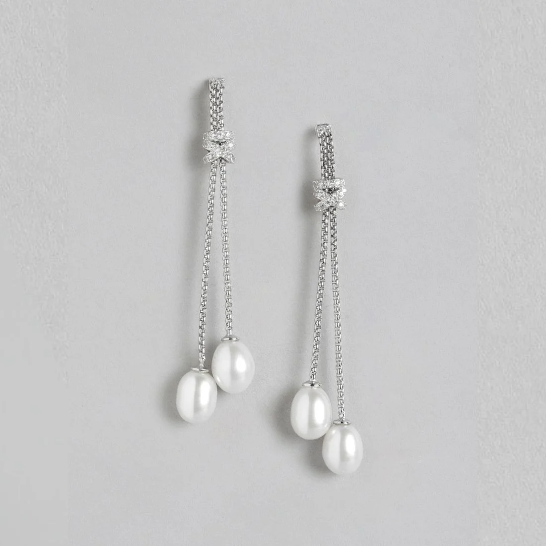 Pearl Cascade Elegance Rhodium-Plated 925 Sterling Silver Box Chain Earrings - Image 3