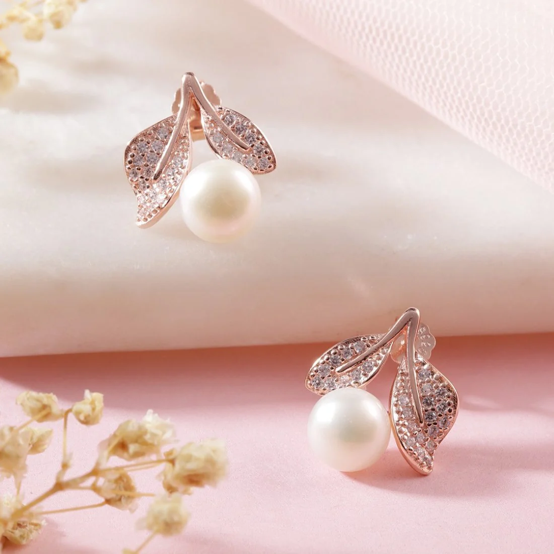 Pearl Elegance Rose Gold-Plated CZ & Freshwater Pearl 925 Sterling Silver Earrings - Image 3