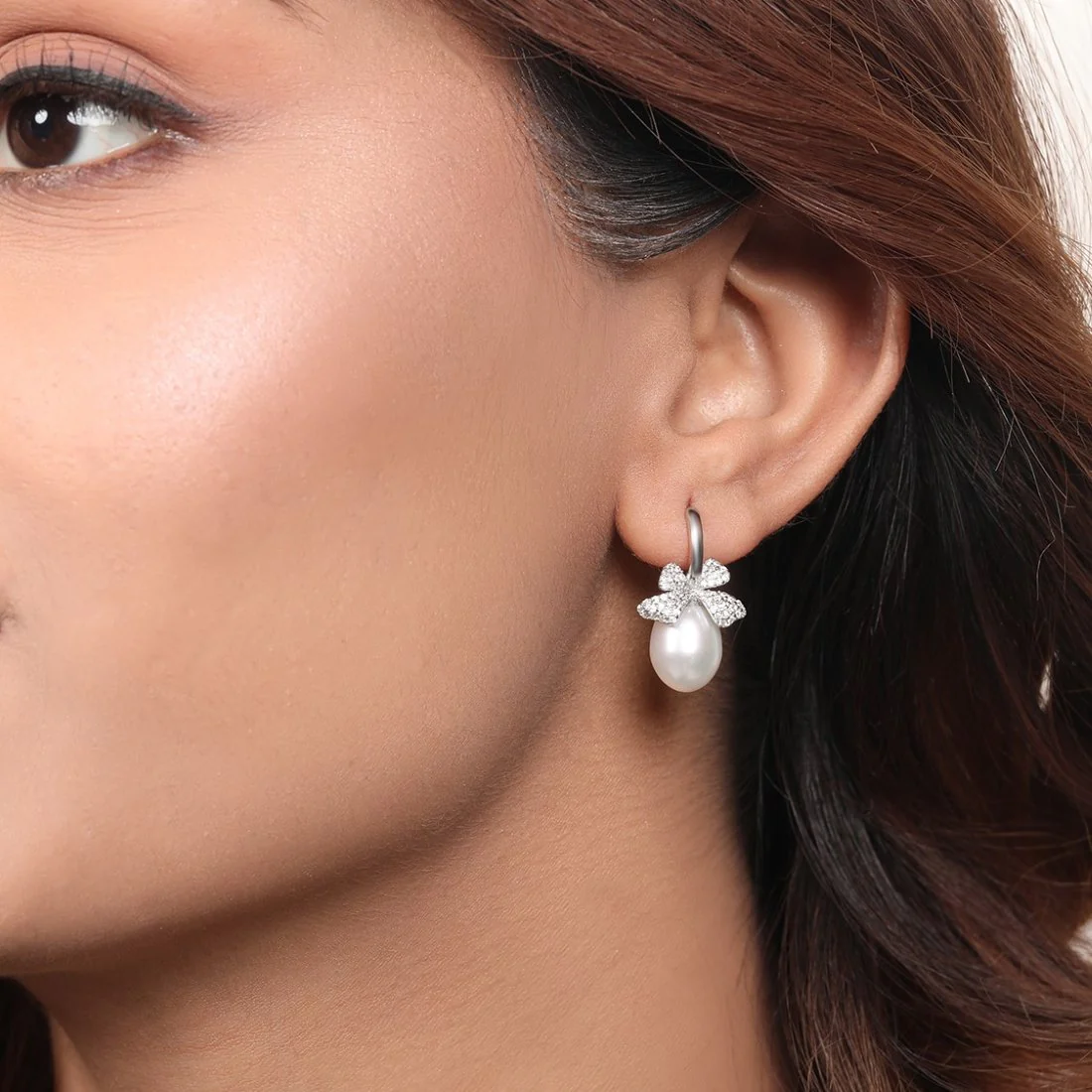 Pearl Leaf Whispers Rhodium-Plated 925 Sterling Silver Earrings - Image 3