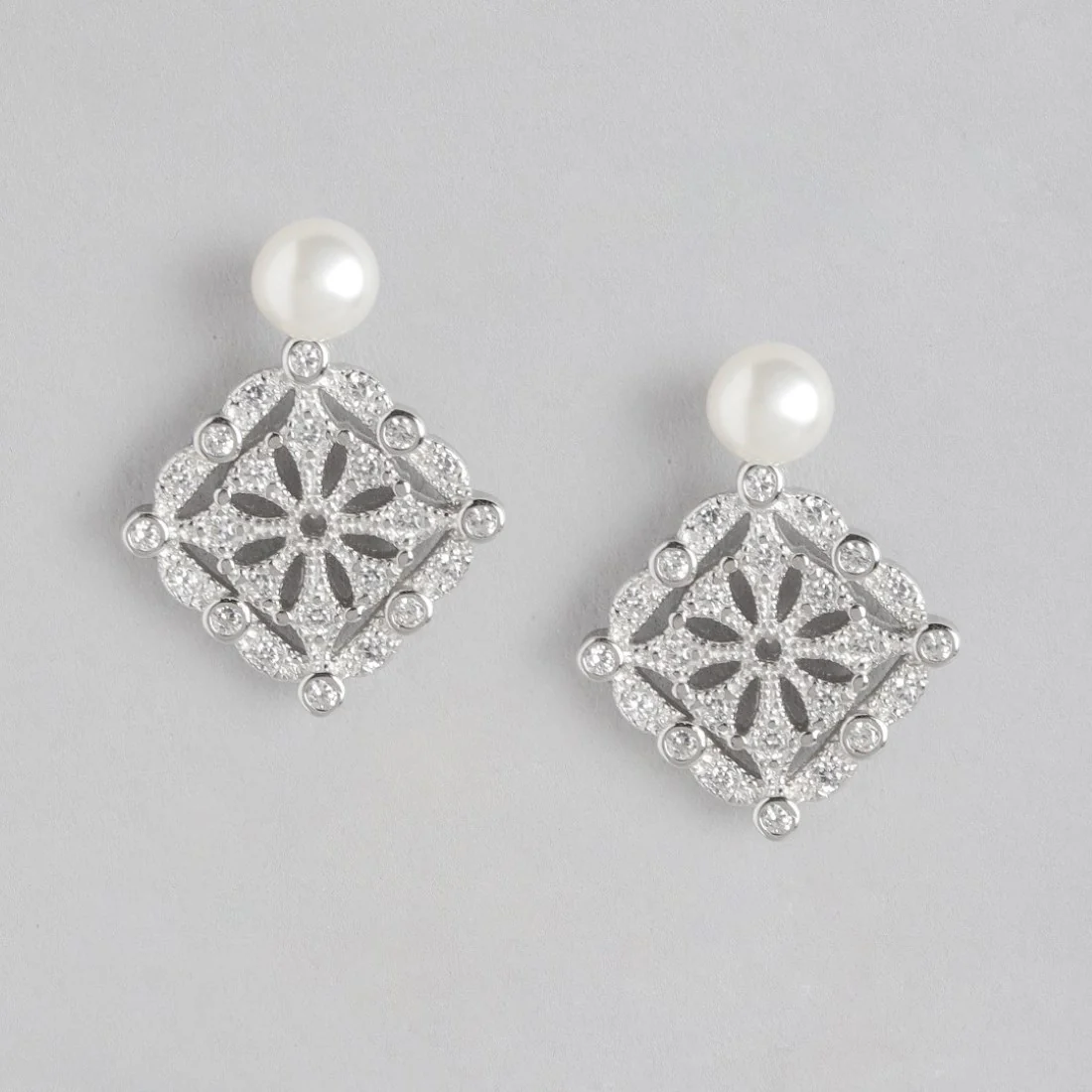 Pearl Square Radiance Rhodium-Plated 925 Sterling Silver Earrings - Image 3
