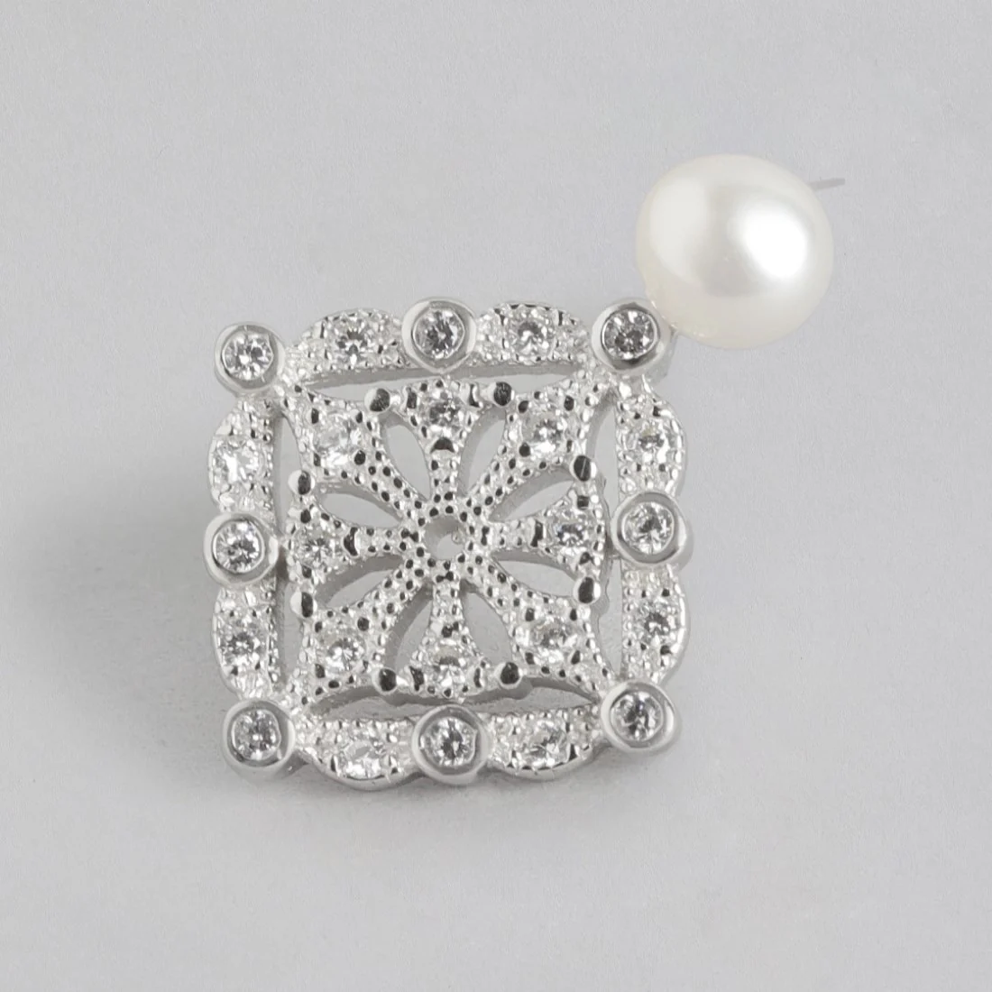 Pearl Square Radiance Rhodium-Plated 925 Sterling Silver Earrings - Image 4
