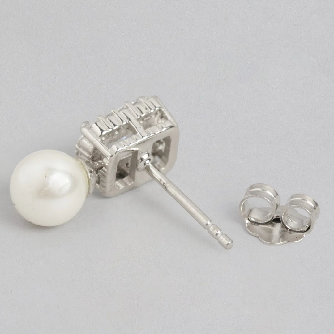 Pearlescent Radiance Rhodium-Plated CZ & Freshwater Pearl Drop Earrings - Image 5