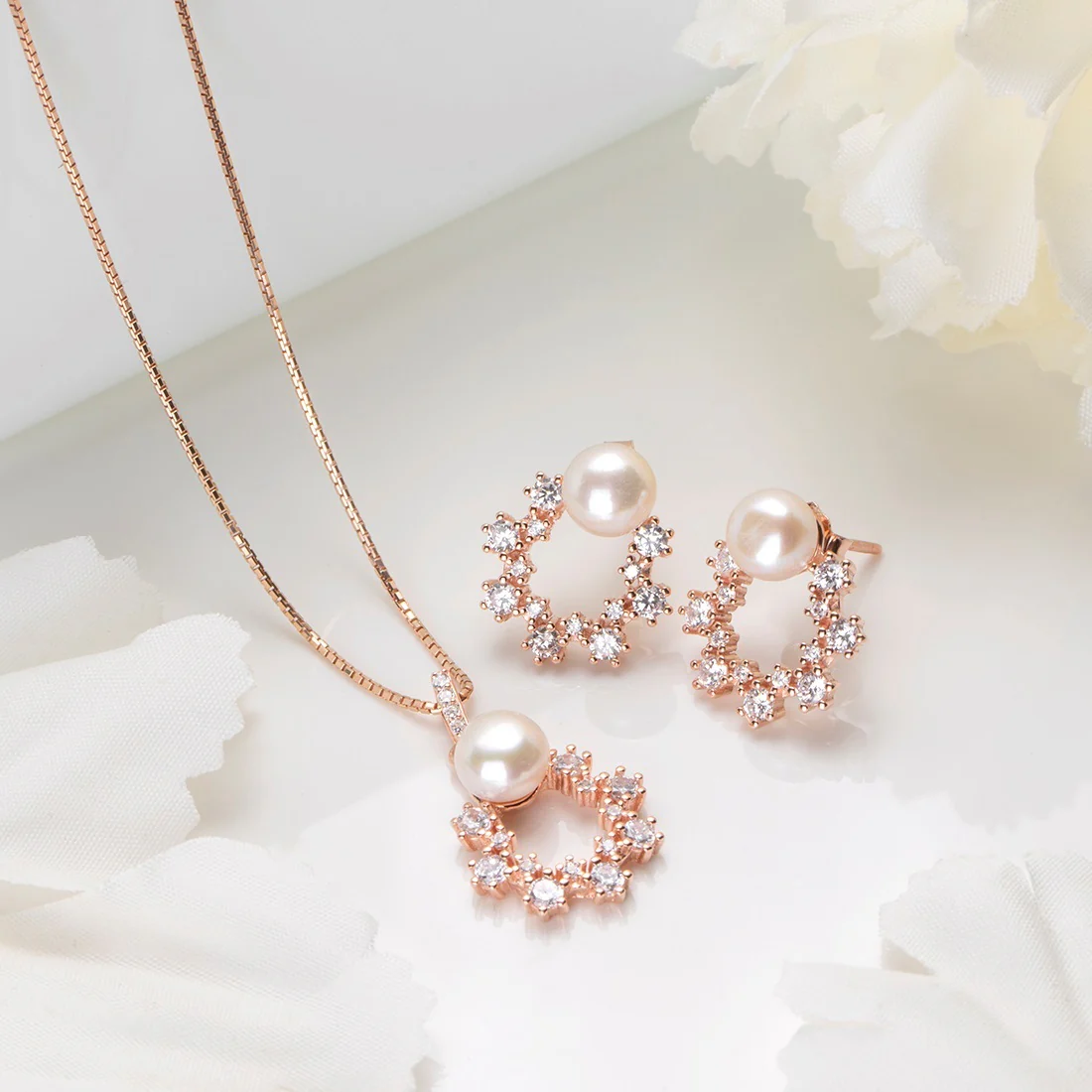 Pearls of Adoration Rose Gold CZ & Pearl 925 Sterling Silver Jewelry Set