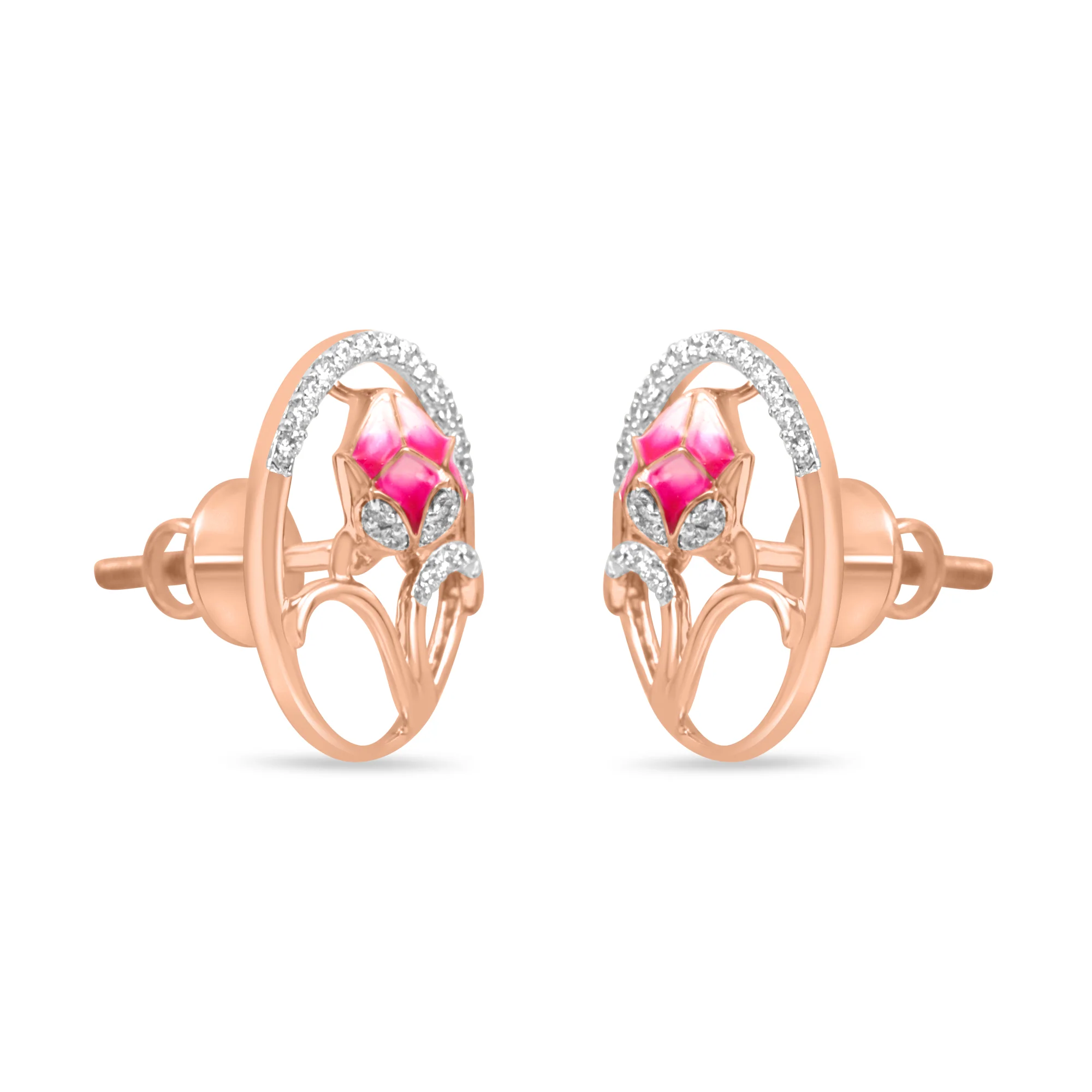 Pink Floral Fantasy Rose Gold Earrings with Lab-Grown Diamonds - Image 9