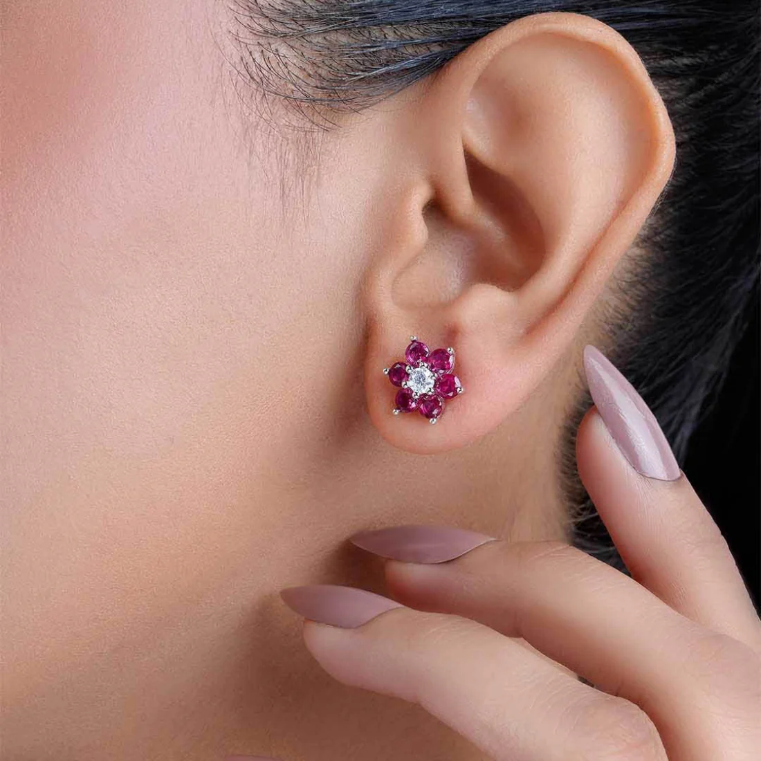 Pink Floral Rhodium Plated 925 Sterling Silver Earrings - Image 2