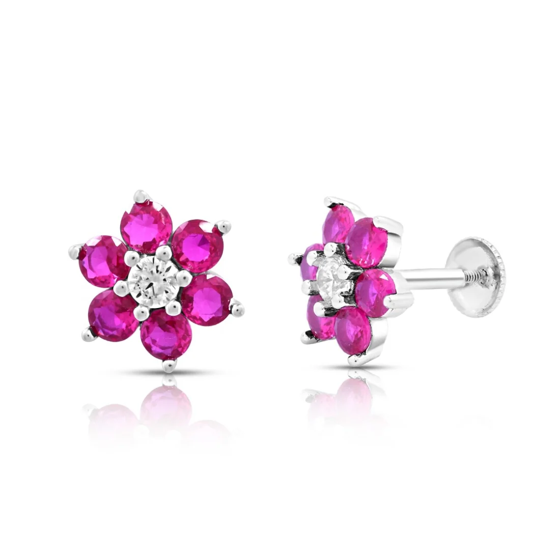 Pink Floral Rhodium Plated 925 Sterling Silver Earrings - Image 3