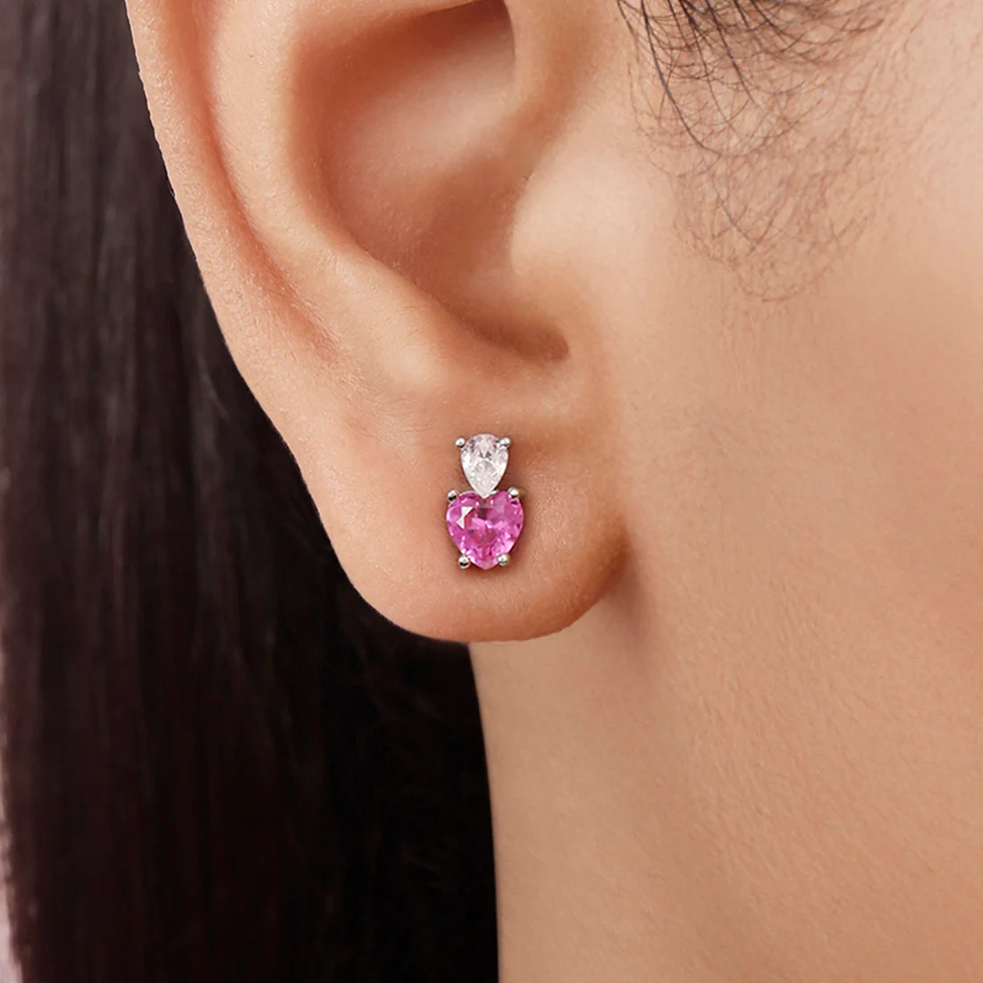 Pink Heart Rhodium Plated 925 Sterling Silver Earrings - Image 2