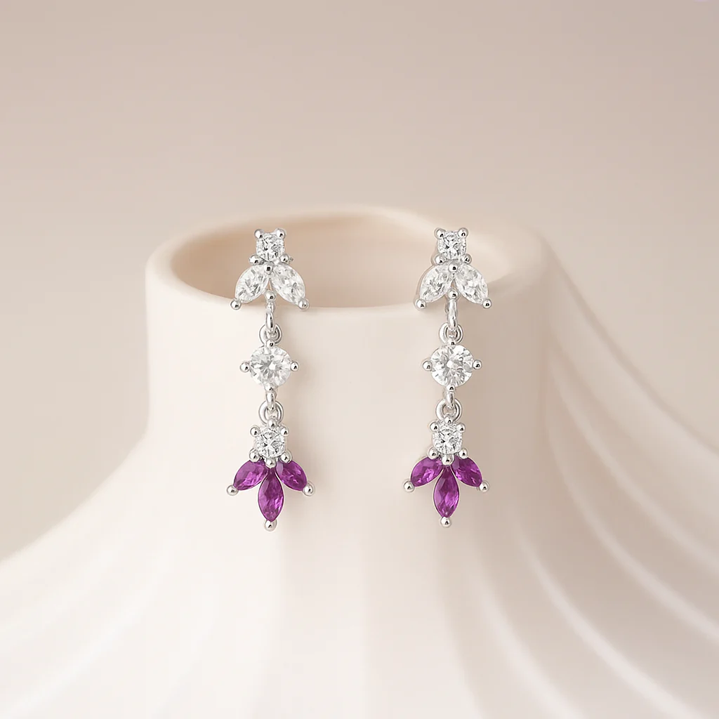 Pink Leaf Rhodium Plated 925 Sterling Silver Earrings