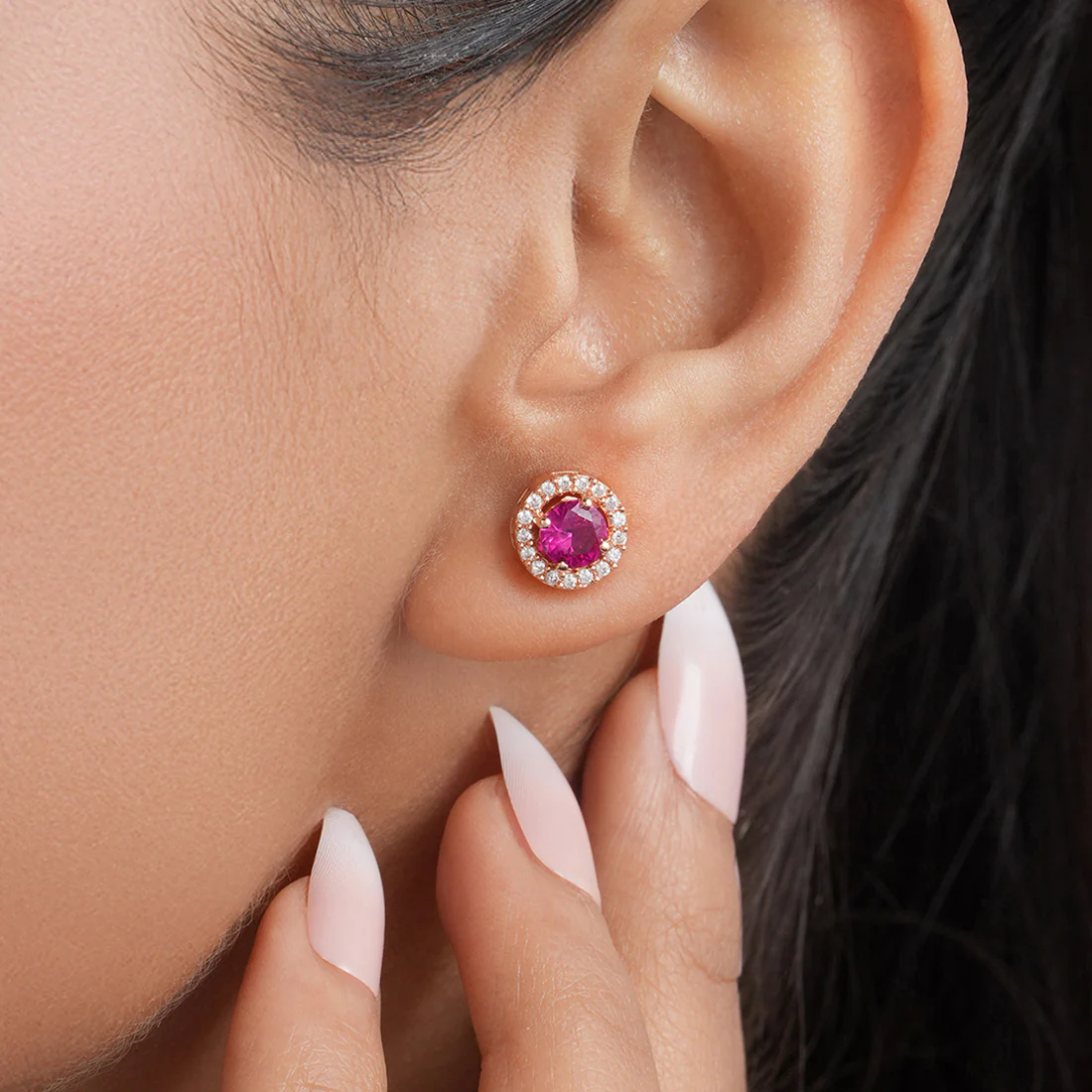 Pink Solitaire Halo Rose Gold Plated 925 Sterling Silver Stud Earrings - Image 2