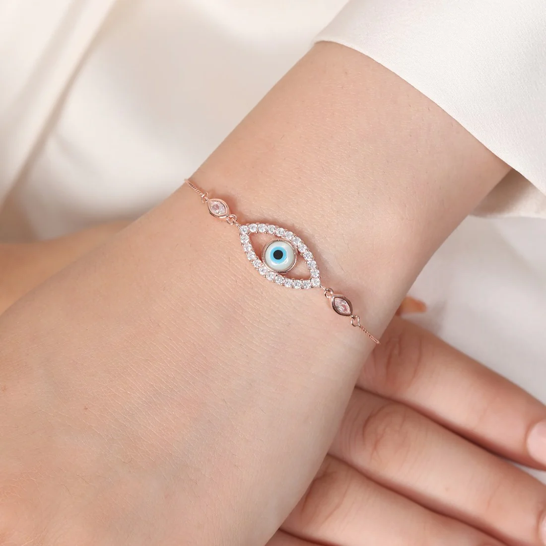 Protective Charm Rose Gold Plated 925 Sterling Silver Evil Eye Bracelet - Image 2