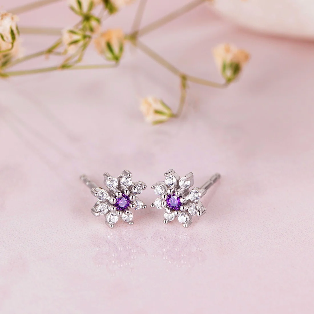 Purple Stone CZ Star Rhodium Plated 925 Sterling Silver Studs