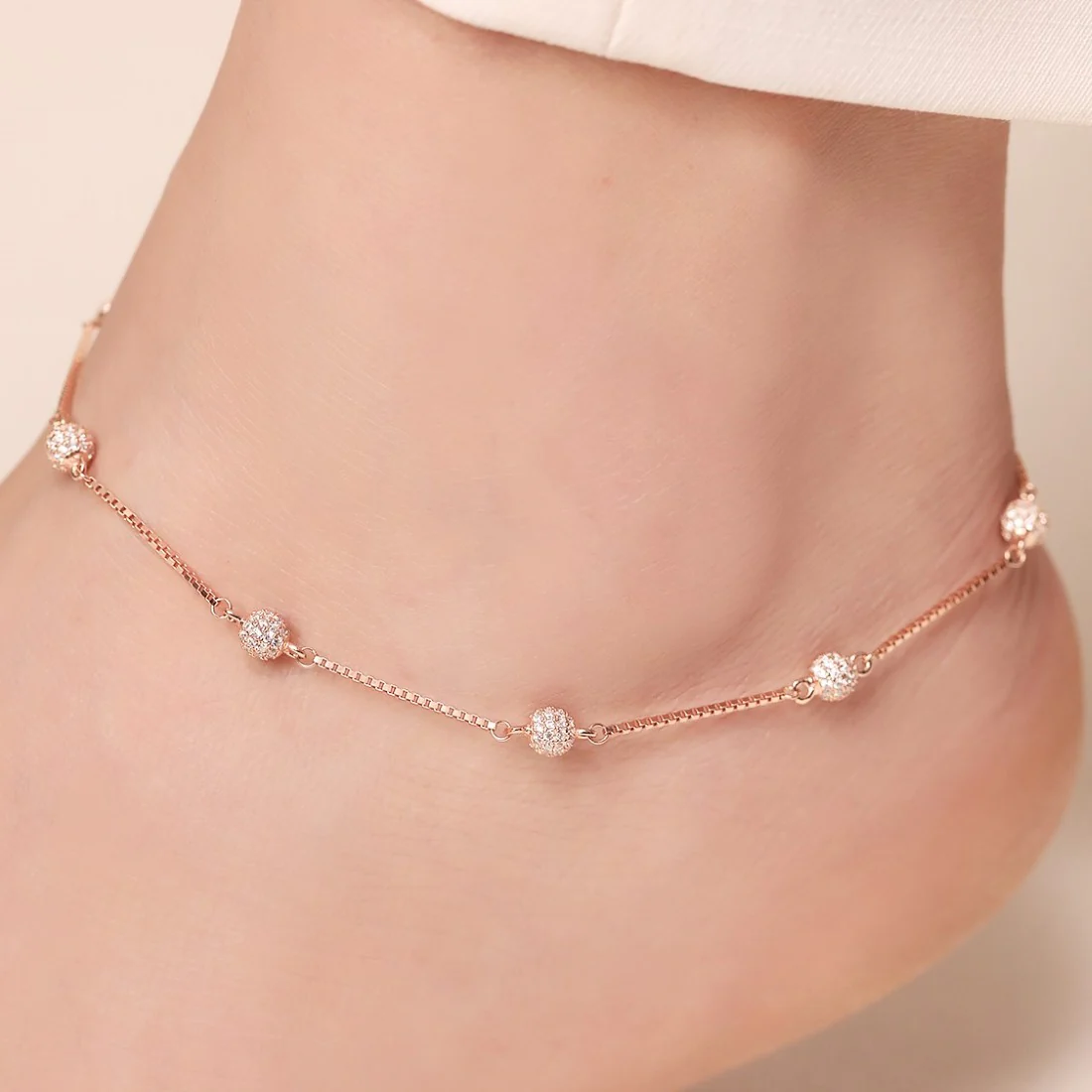 Radiant Beads Rose Gold-Plated CZ 925 Sterling Silver Anklet - Image 2
