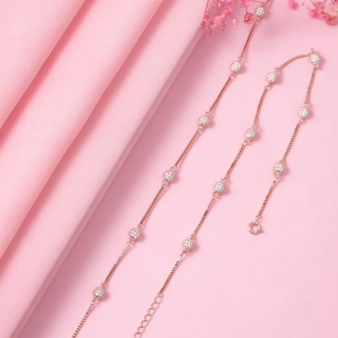 Radiant Beads Rose Gold-Plated CZ 925 Sterling Silver Anklet - Image 3