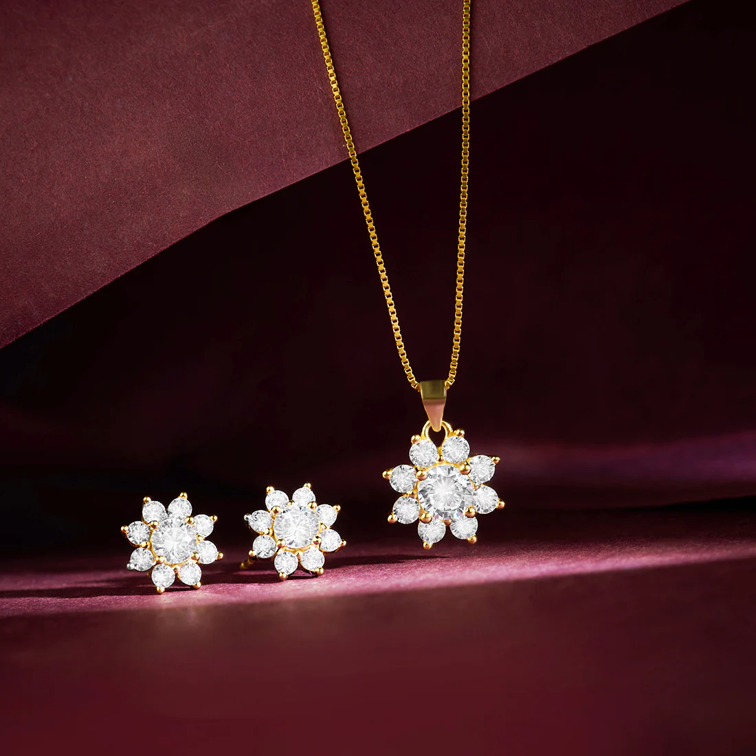Radiant Bloom Gold-Plated CZ Pendant & Earrings Set