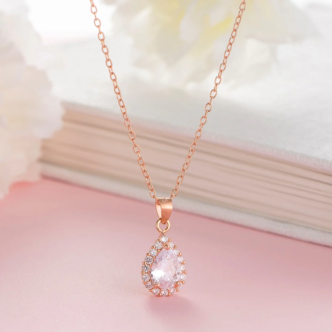 Cascading Elegance Rose Gold-Plated CZ 925 Sterling Silver Drop Necklace - Image 2