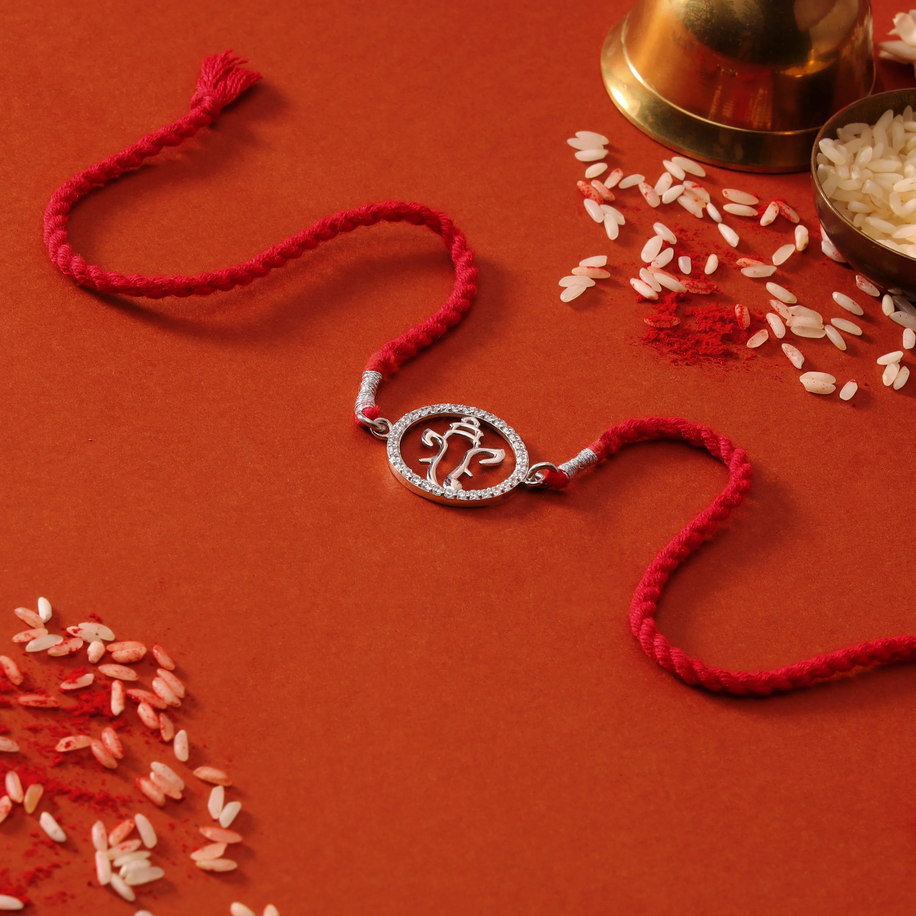 Radiant Ganesh Ji With Cubic Zirconia Rhodium-Plated Silver Thread Rakhi For Him - Image 4